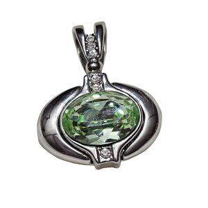 William Wang Silver-tone Signed Pendant Green Oval Faceted Glass Crystal Accents